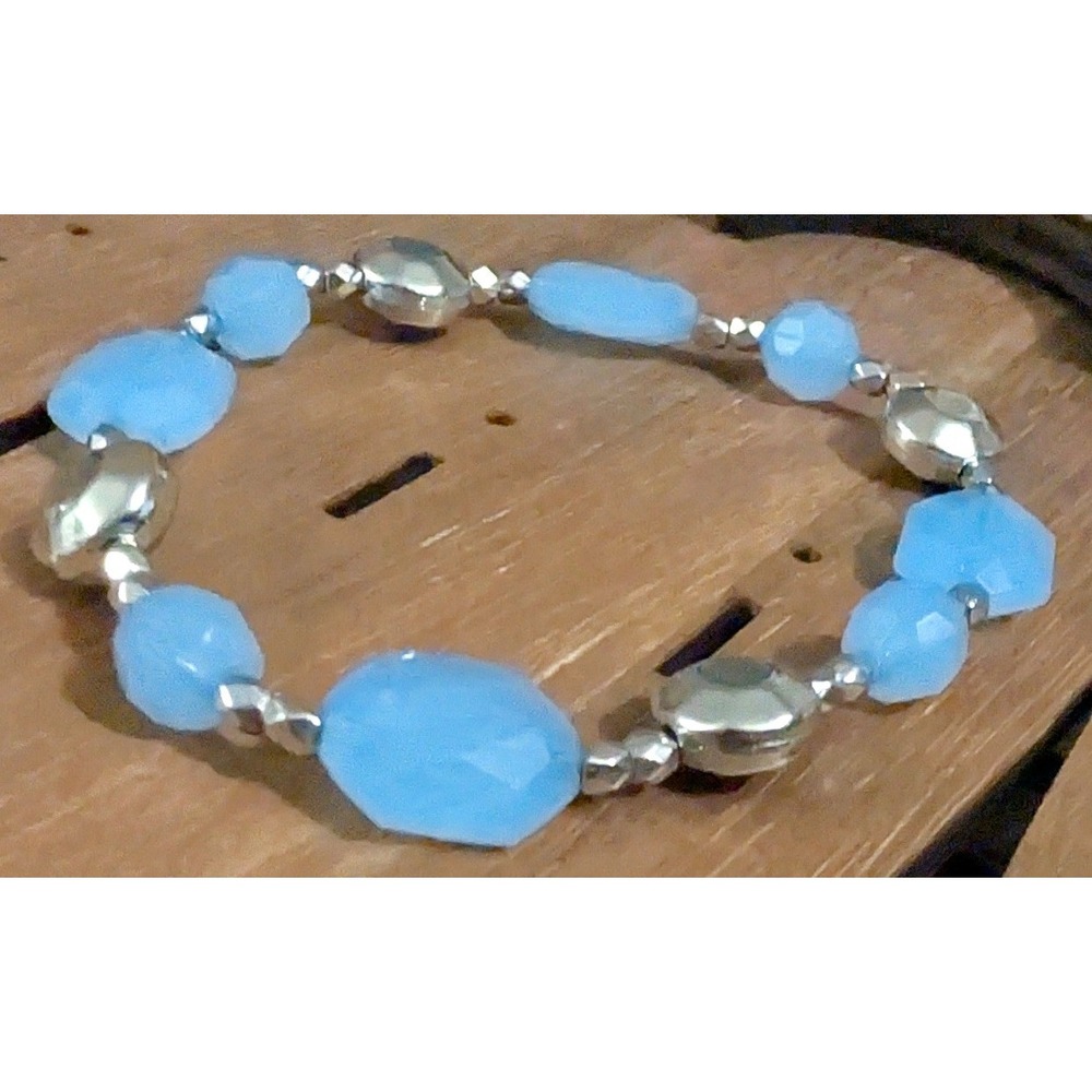 New Faceted Blue Beaded Silver Tone Beads‎ Stretch Bracelet Stackable